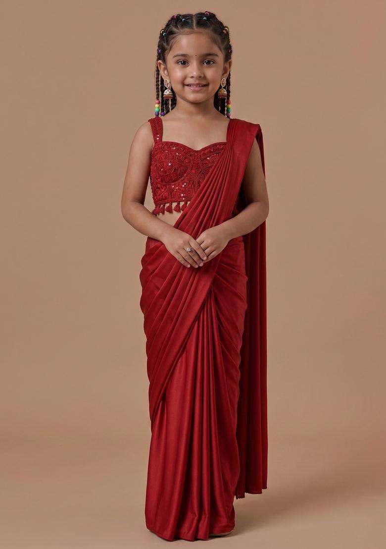 Girls Bright Red Hand Work Embellished Pre Draped Saree Set - Indya