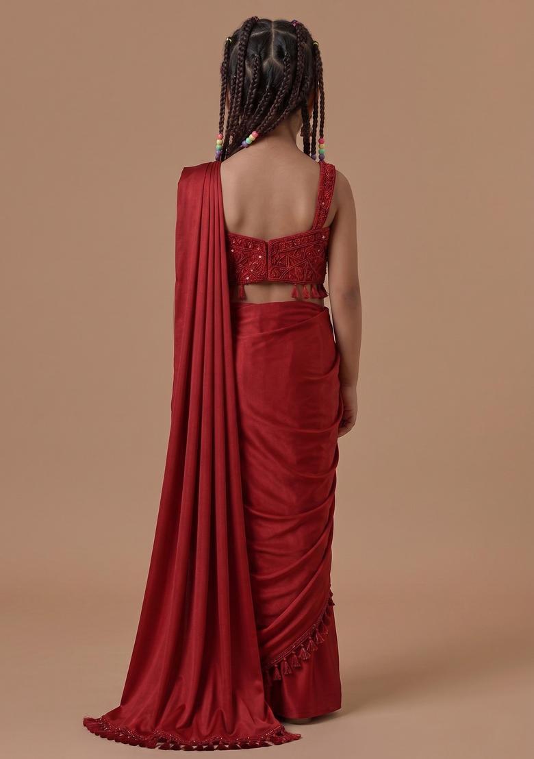 Girls Bright Red Hand Work Embellished Pre Draped Saree Set - Indya