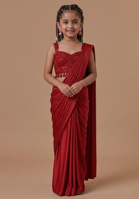 Girls Bright Red Hand Work Embellished Pre Draped Saree Set