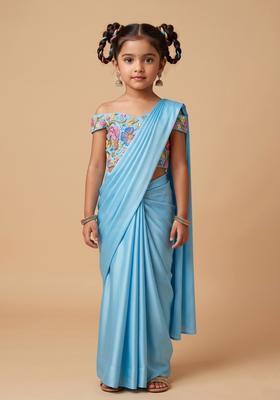 Girls Sky Blue Printed Poly Blend Pre Draped Saree Set