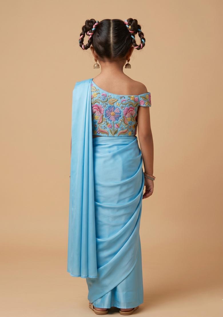 Girls Sky Blue Printed Poly Blend Pre Draped Saree Set - Indya