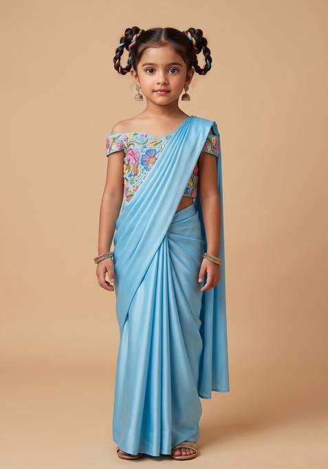Girls Sky Blue Printed Poly Blend Pre Draped Saree Set