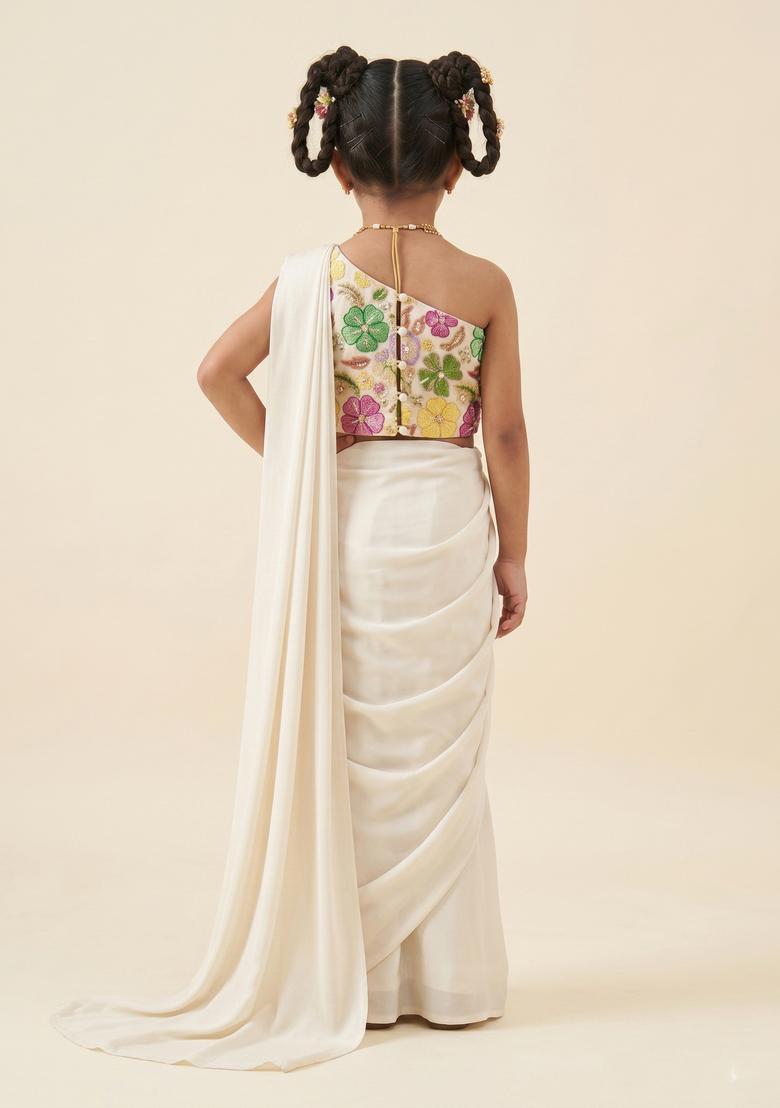 Girls Off White Printed Poly Blend Pre Draped Saree Set - Indya