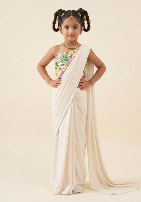 Girls Off White Printed Poly Blend Pre Draped Saree Set