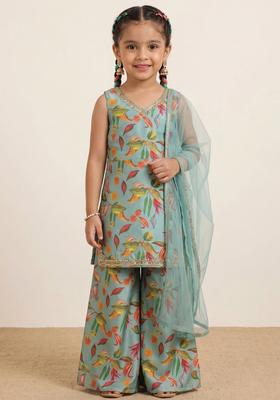 Girls Sky Turquoise Blue Printed Sharara Set