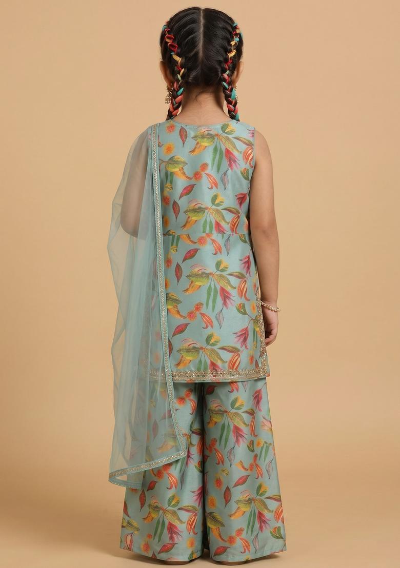 Girls Sky Turquoise Blue Printed Sharara Set - Indya