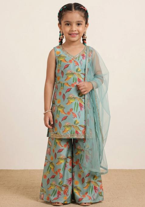 Girls Sky Turquoise Blue Printed Sharara Set