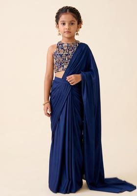 Girls Navy Blue Embroidered Tissue Pre Draped Saree Set