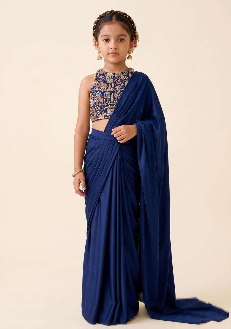 Girls Navy Blue Embroidered Tissue Pre Draped Saree Set - Indya