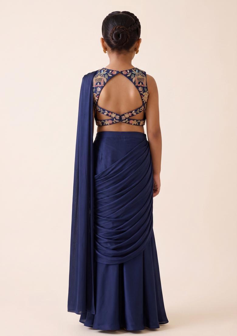 Girls Navy Blue Embroidered Tissue Pre Draped Saree Set - Indya