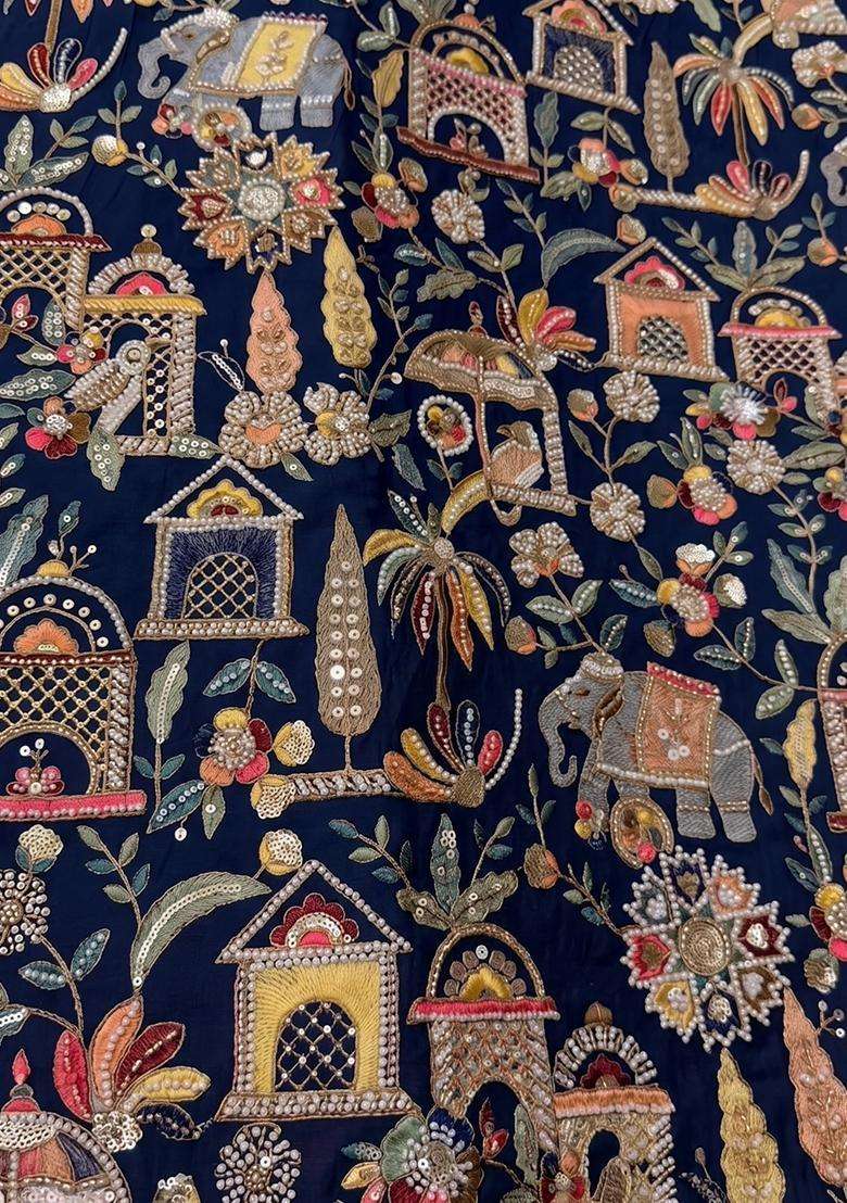 Girls Navy Blue Embroidered Tissue Pre Draped Saree Set - Indya
