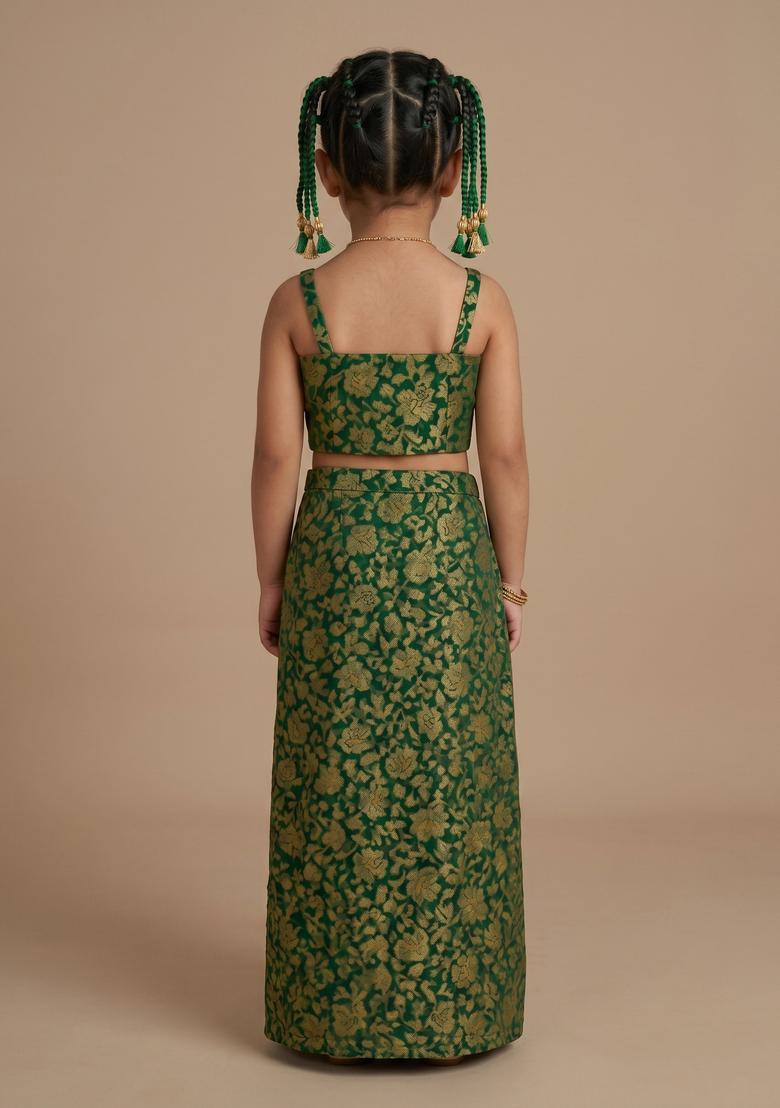 Girls Green Brocade Strappy Crop Top - Indya