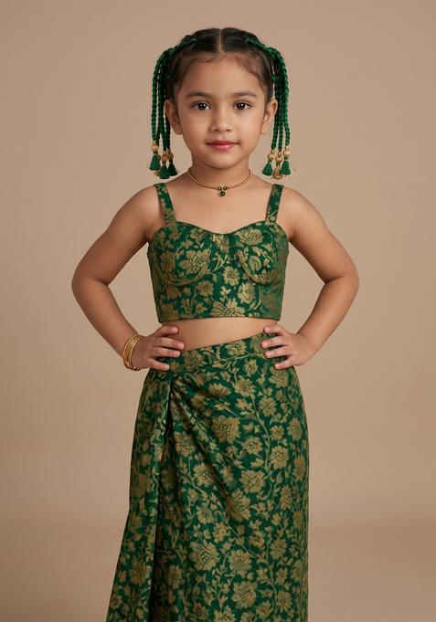 Girls Green Brocade Strappy Crop Top