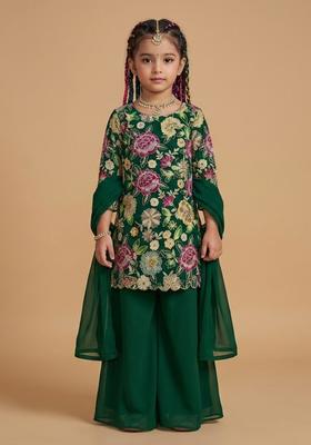 Girls Green Embroidered Crepe Sharara Set