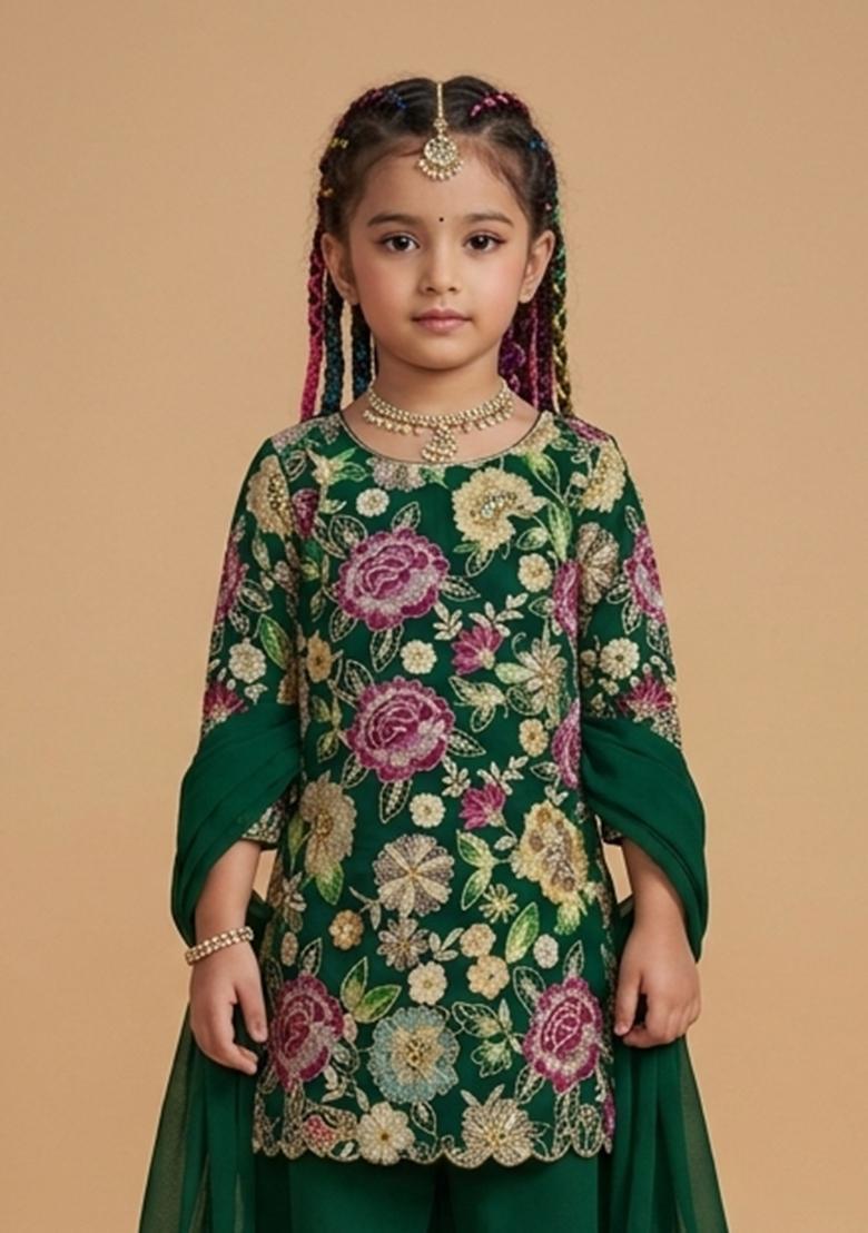 Girls Green Embroidered Crepe Sharara Set - Indya