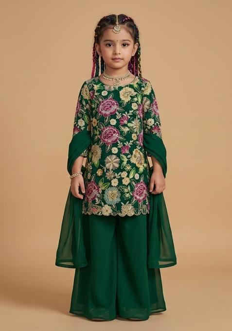 Girls Green Embroidered Crepe Sharara Set