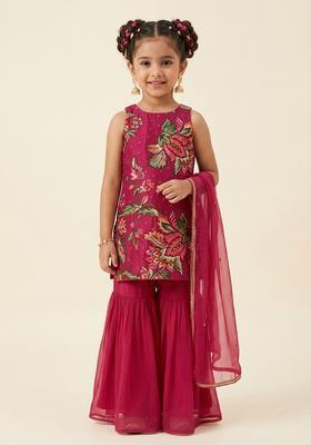 Girls Red Floral Print Tissue Sharara Set