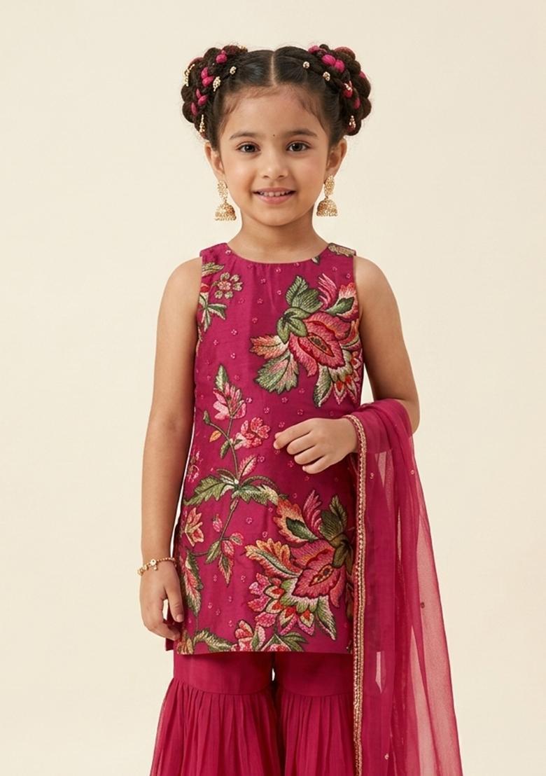 Girls Red Floral Print Tissue Sharara Set - Indya