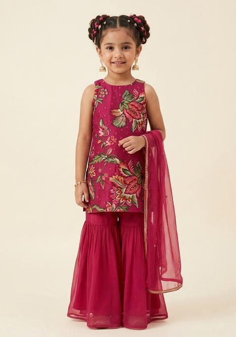 Girls Red Floral Print Tissue Sharara Set