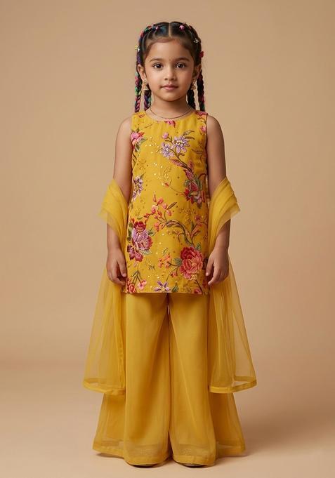 Girls Yellow Floral Print Tissue Sharara Set