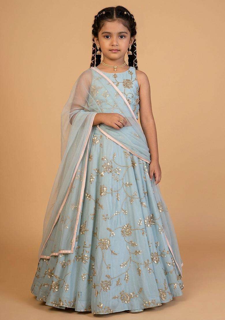 Girls Blue Embroidered Silk Lehenga Set - Indya