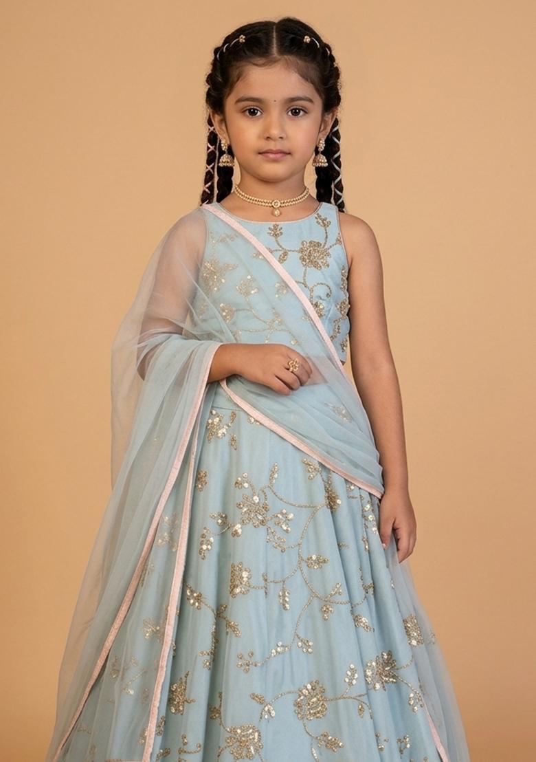 Girls Blue Embroidered Silk Lehenga Set - Indya