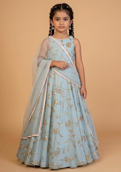 Girls Blue Embroidered Silk Lehenga Set