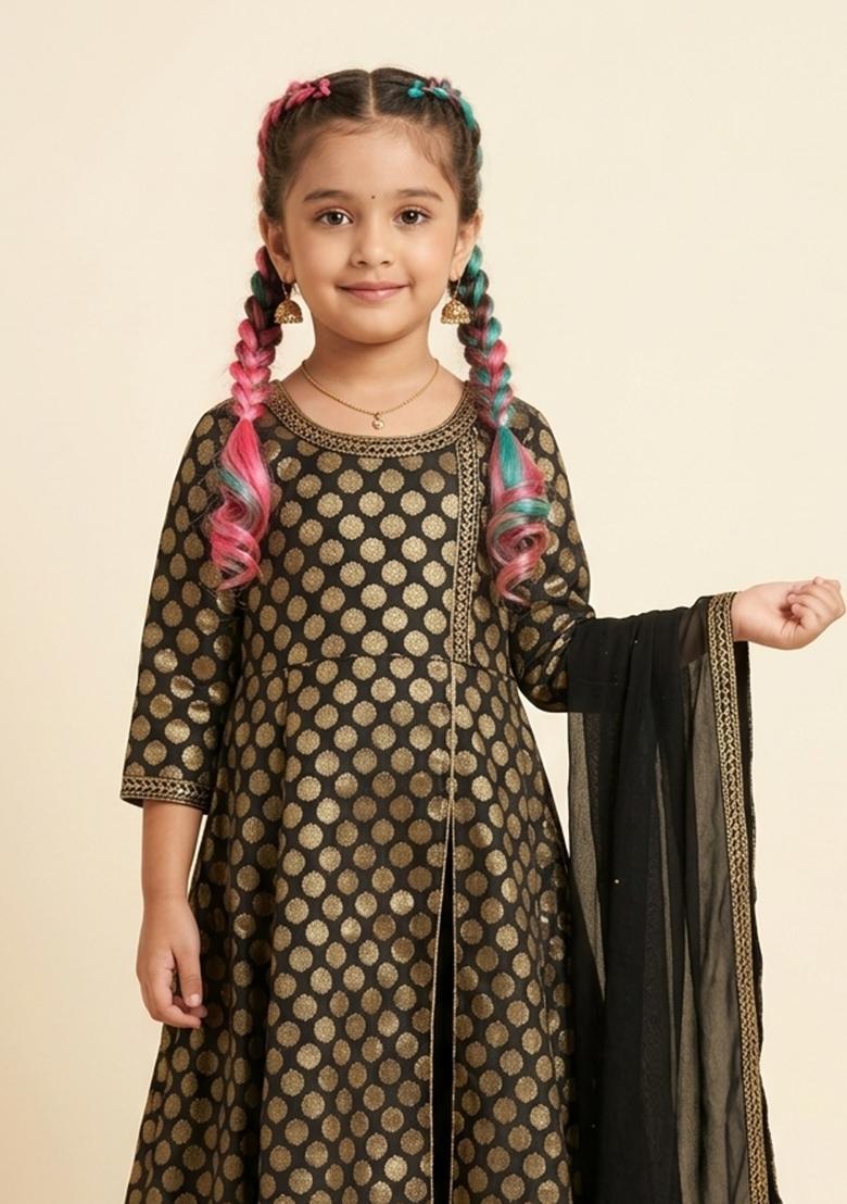 Girls Black Brocade Anarkali Set - Indya