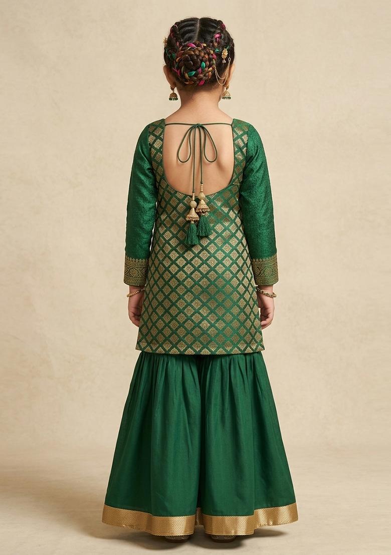 Girls Bottle Green Brocade Sharara Set - Indya