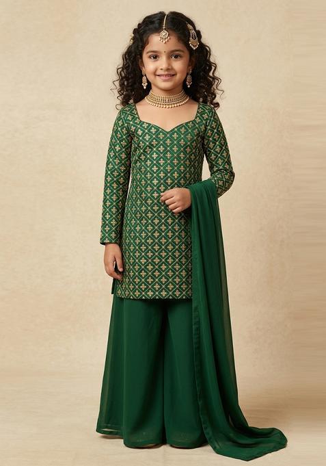 Girls Bottle Green Brocade Sharara Set