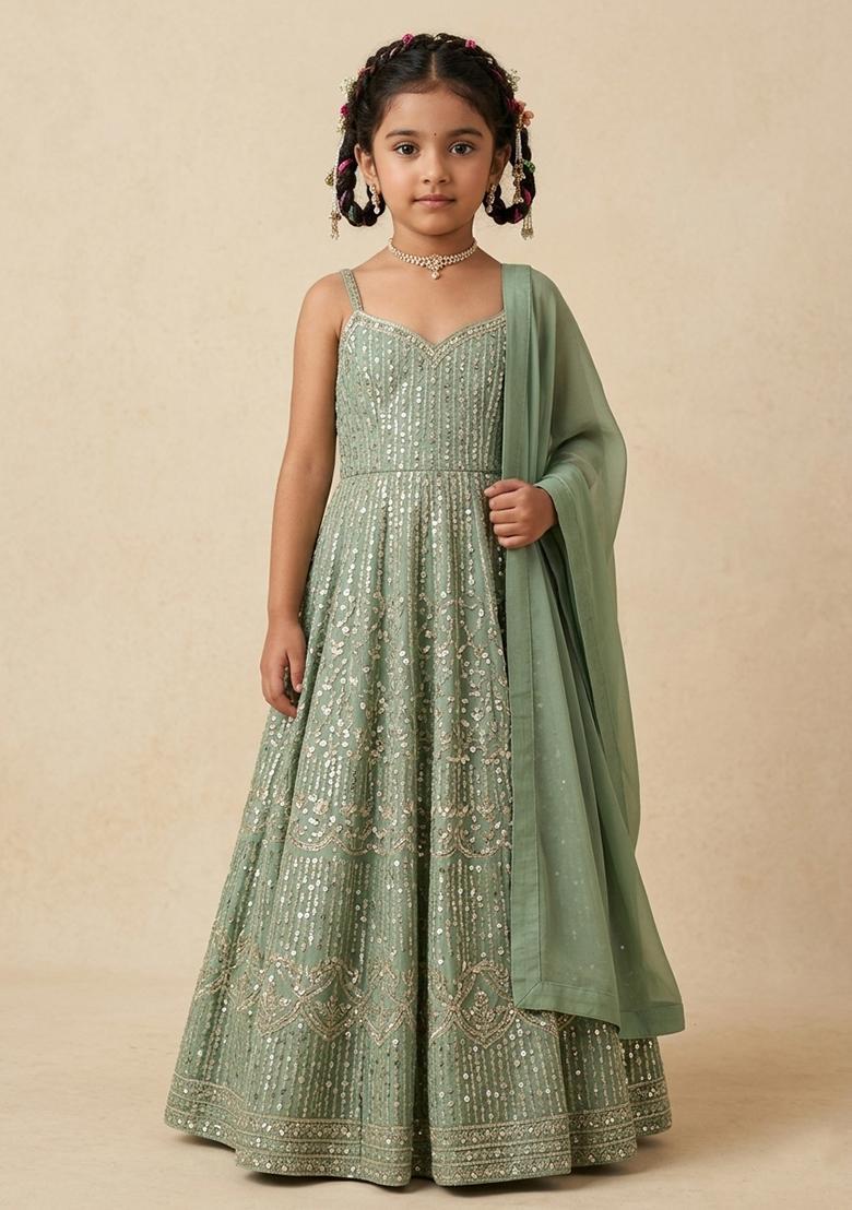 Girls Mint Green Sequin Embroidery Net Anarkali Set - Indya