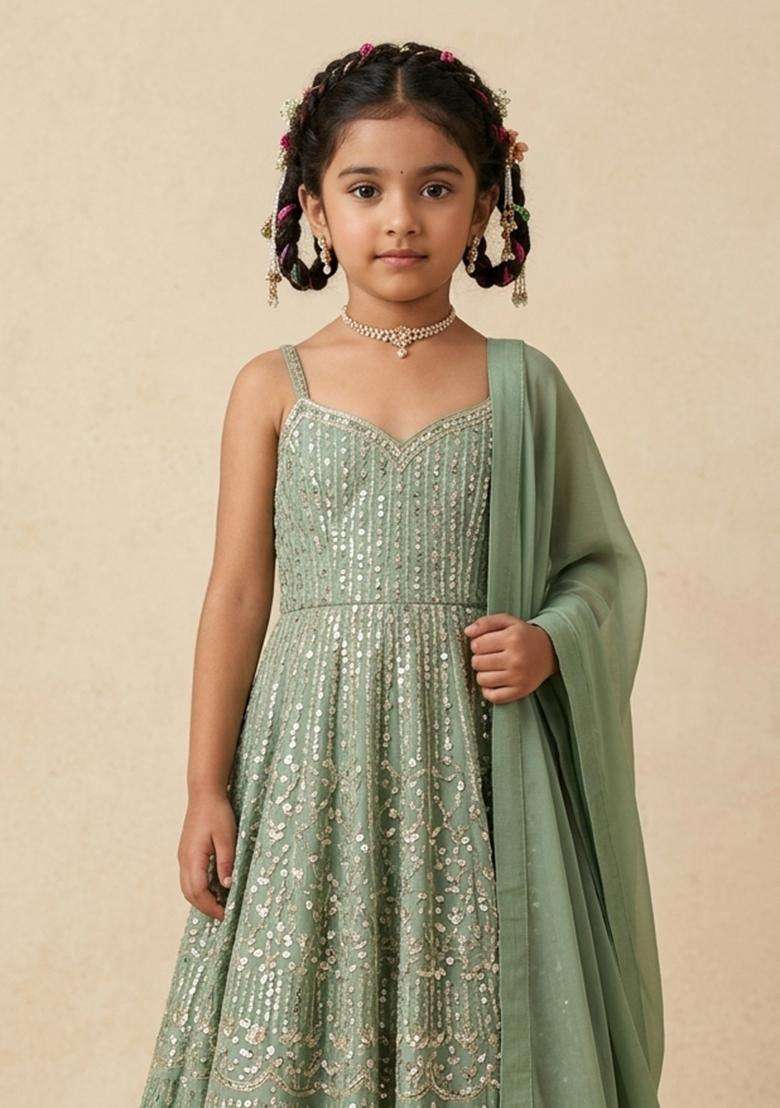 Girls Mint Green Sequin Embroidery Net Anarkali Set - Indya
