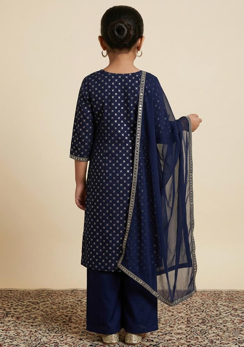 Girls Navy Blue Sequin Work Velvet Straight Kurta Set - Indya