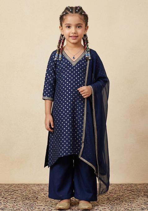 Girls Navy Blue Sequin Work Velvet Straight Kurta Set