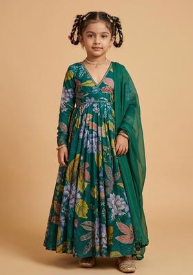Girls Emerald Green Floral Print Crepe Anarkali With Dupatta