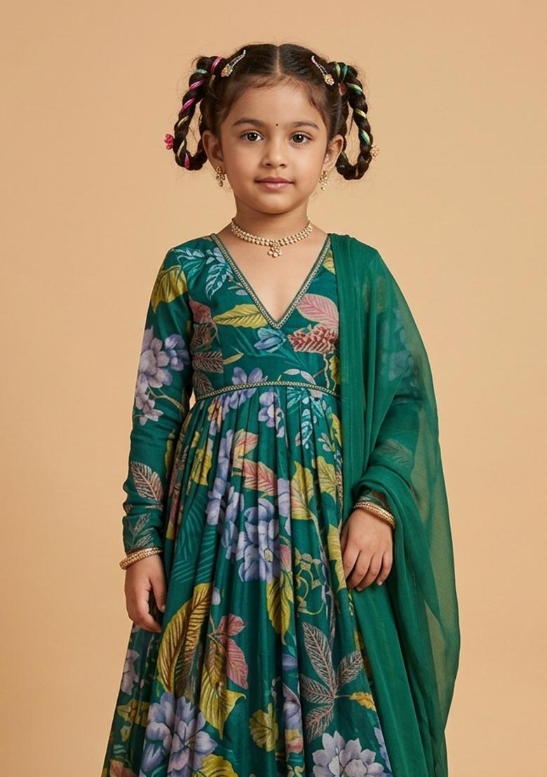 Girls Emerald Green Floral Print Crepe Anarkali With Dupatta - Indya