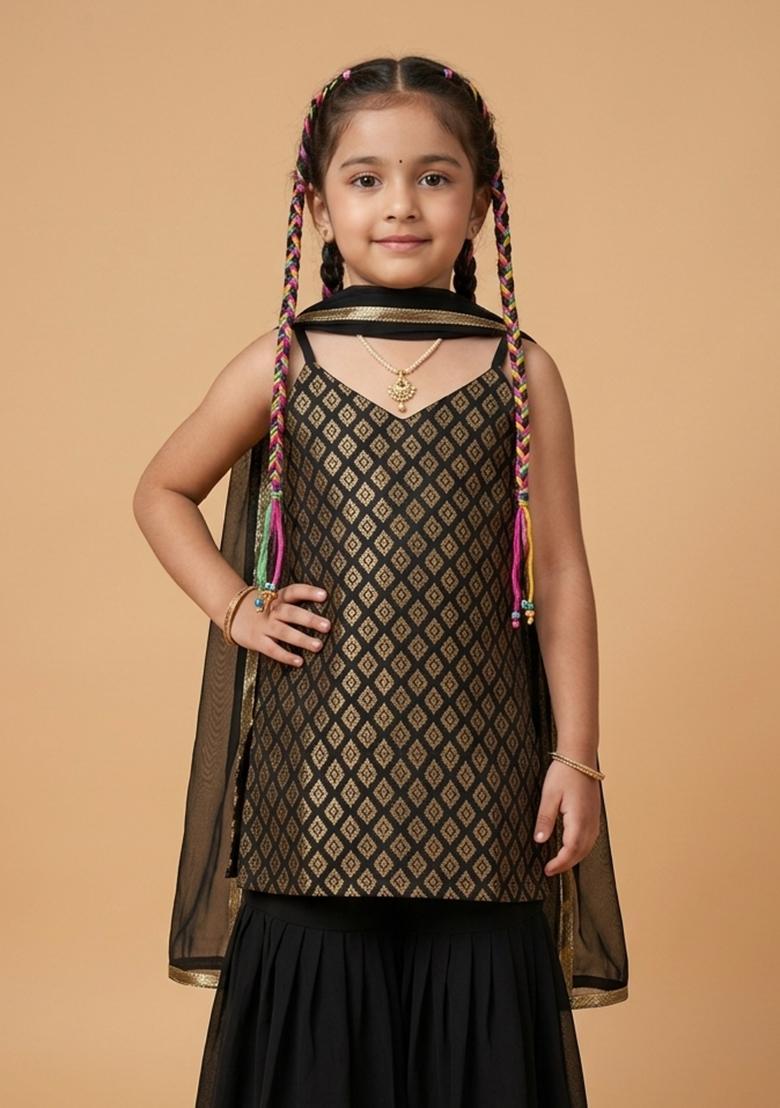 Girls Black Brocade Sharara Set - Indya