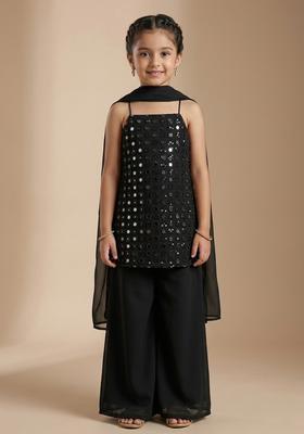 Girls Black Sequin Work Net Sharara Set