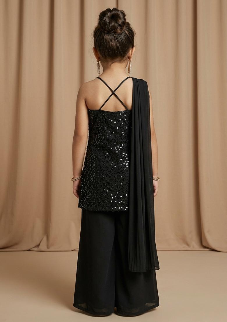 Girls Black Sequin Work Net Sharara Set - Indya