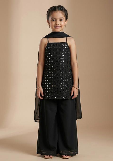 Girls Black Sequin Work Net Sharara Set