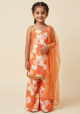 Girls Orange Floral Print Silk Sharara Set