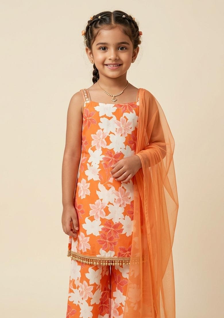 Girls Orange Floral Print Silk Sharara Set - Indya