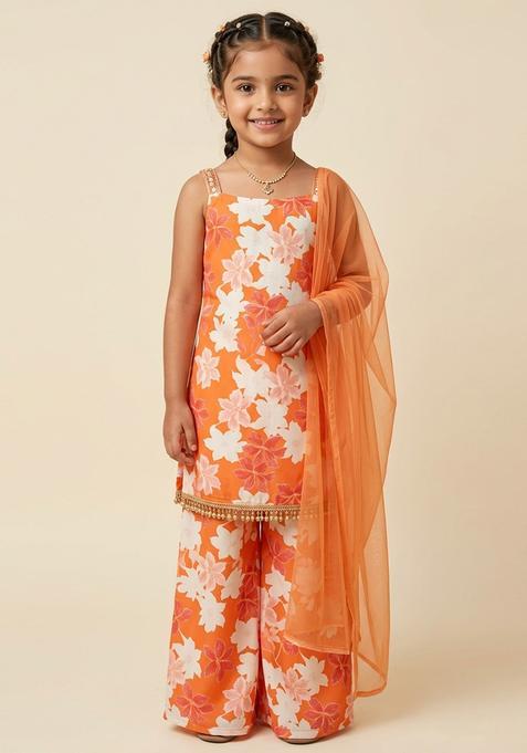 Girls Orange Floral Print Silk Sharara Set
