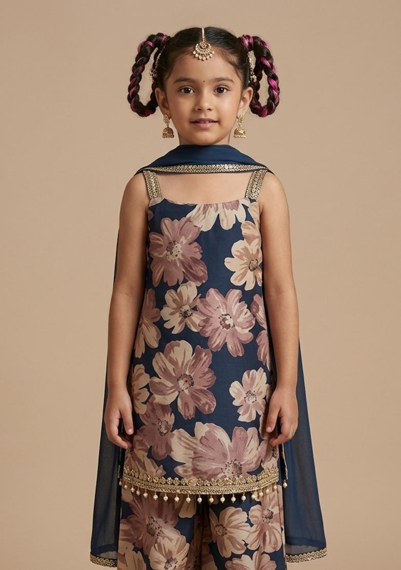 Girls Deep Navy Floral Print Silk Sharara Set - Indya