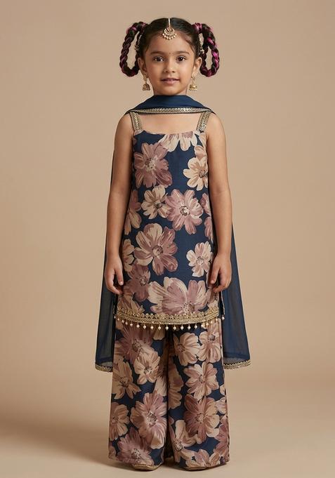 Girls Deep Navy Floral Print Silk Sharara Set
