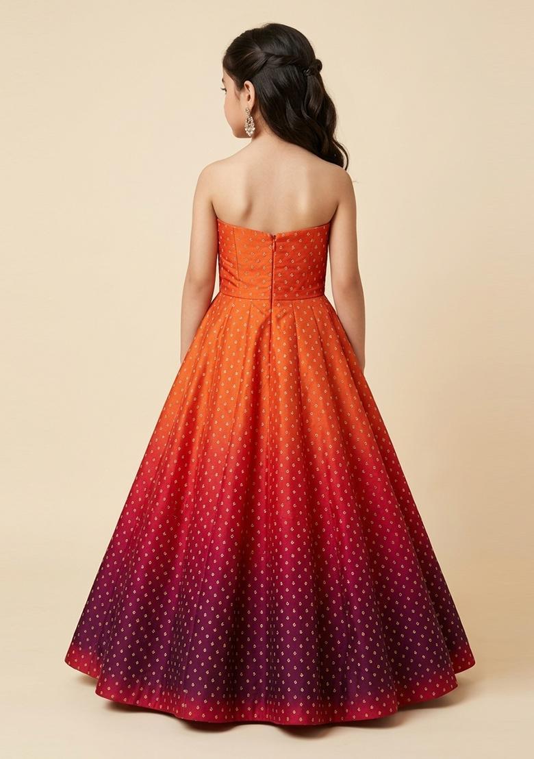 Girls Cherry Red Silk Anarkali With Dupatta - Indya