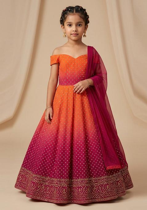 Girls Cherry Red Silk Anarkali With Dupatta