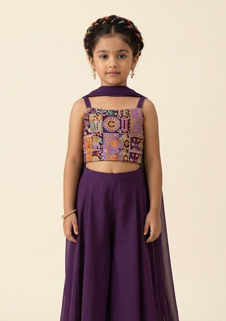 Girls Purple Abstract Print Crepe Fusion Set - Indya