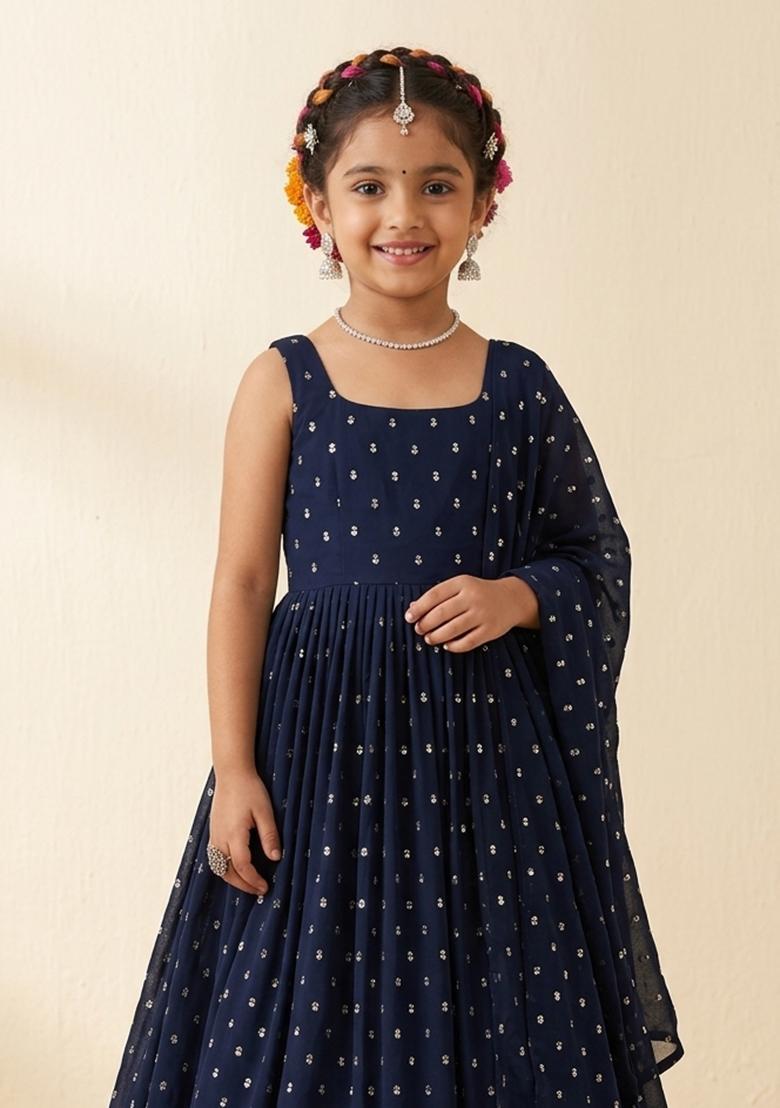 Girls Midnight Blue Mirror Work Georgette Anarkali With Dupatta - Indya