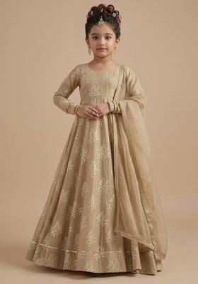 Girls Beige Brocade Anarkali With Dupatta
